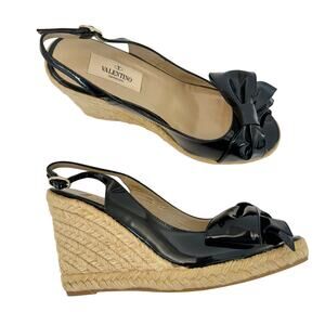 Valentino Patent Leather Bow Espadrille Slingback Platform Wedges Black 37 (US7)